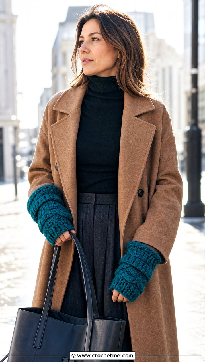 Cable Stitch Fingerless Crochet Gloves With Wool Coat - 30 fingerless crochet gloves outfit ideas