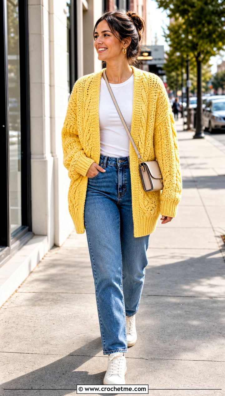 Cable Stitch Folklore Crochet Cardigan With Straight Leg Jeans - 30 folklore crochet cardigan outfit ideas