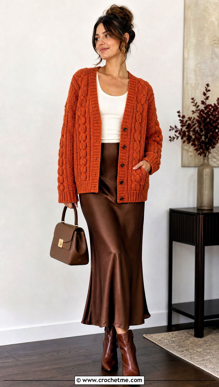 Cable Stitch Grandpa Crochet Cardigan With Satin Slip Skirt - 20 grandpa crochet cardigan outfit ideas