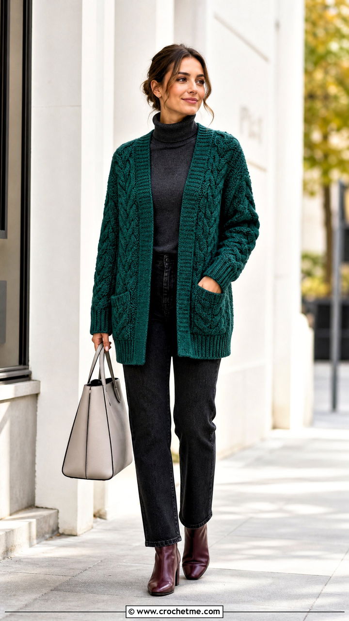 Cable Stitch Green Crochet Cardigan With a Turtleneck - 35 green crochet cardigan outfit ideas