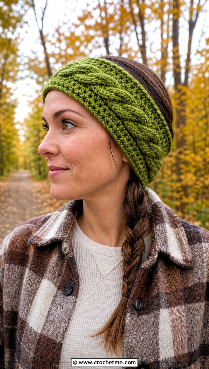 Cable Stitch Green Crochet Headband With Shacket And Corduroy Pants - 30 green crochet headband outfit ideas