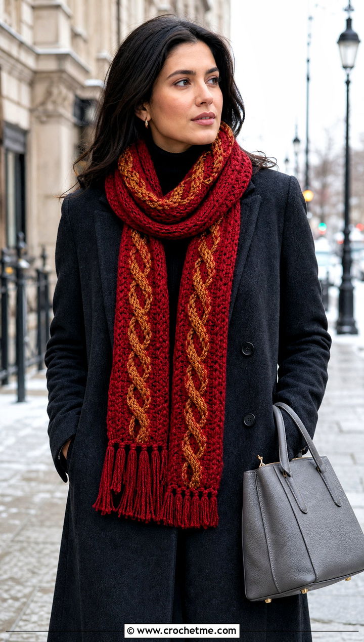 Cable Stitch Gryffindor Crochet Scarf With Long Overcoat - 25 gryffindor crochet scarf outfit ideas