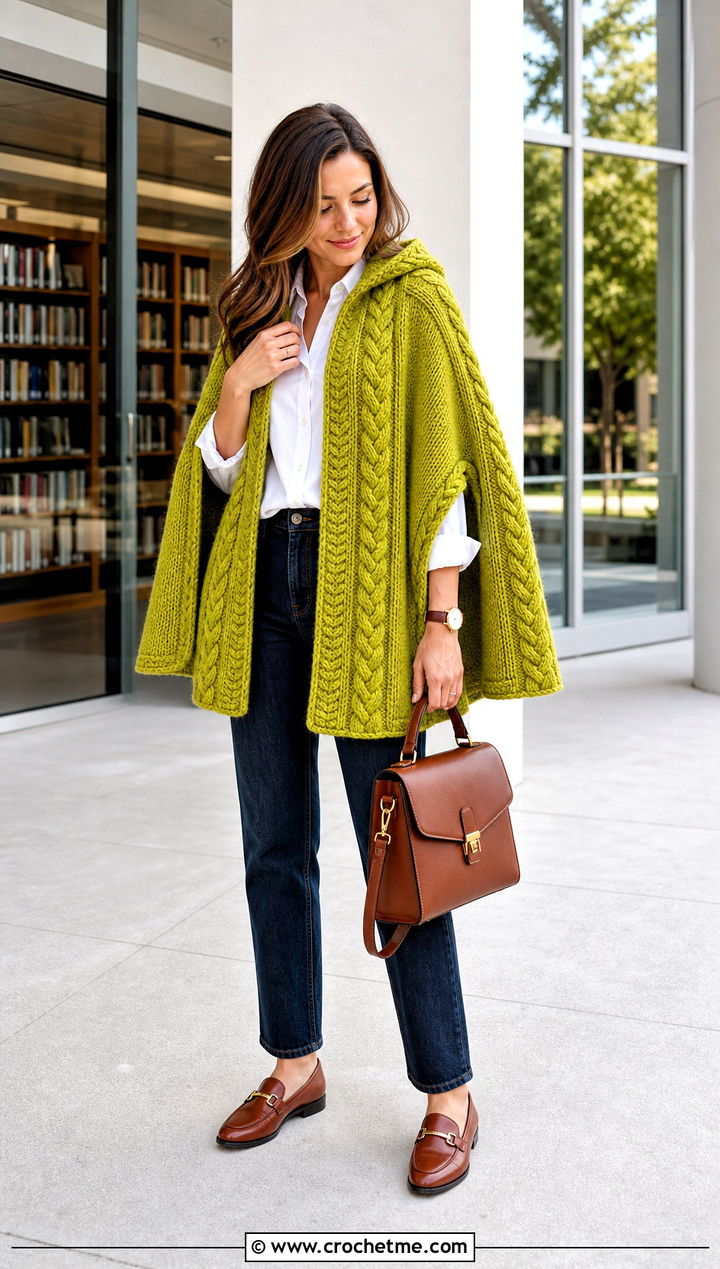 Cable Stitch Hooded Crochet Cape With Straight Leg Jeans - 25 Hooded Crochet Cape outfit ideas