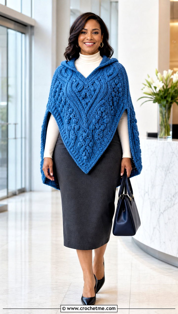 Cable Stitch Hooded Poncho With Pencil Skirt - 35 Crochet Hooded Poncho outfit ideas
