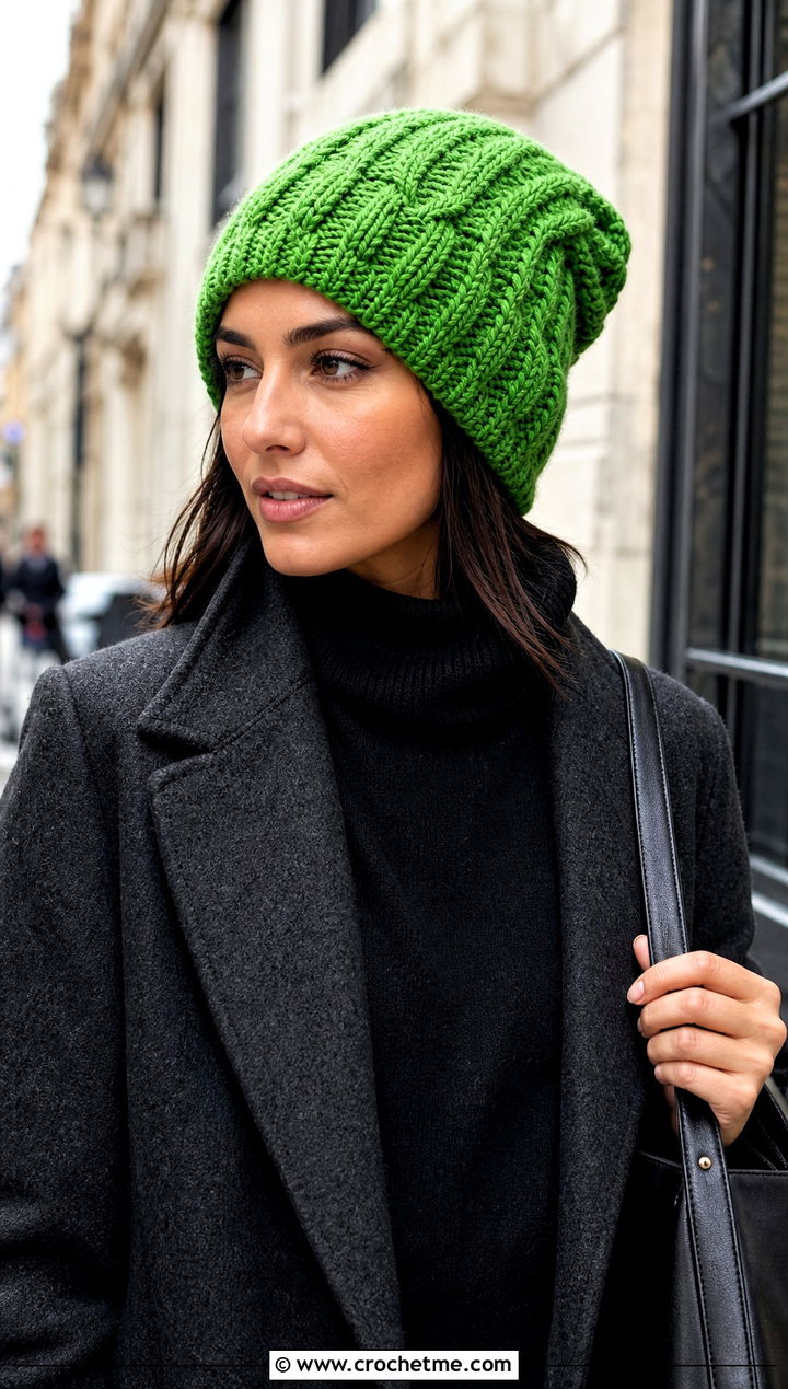 Cable Stitch Long Crochet Hat With Wool Coat - 30 crochet long hat outfit ideas