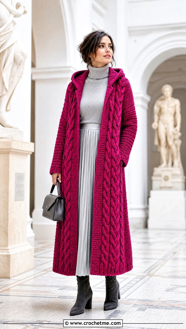 Cable Stitch Long Hooded Cardigan With Pleated Skirt - 25 crochet long hooded cardigan outfit ideas