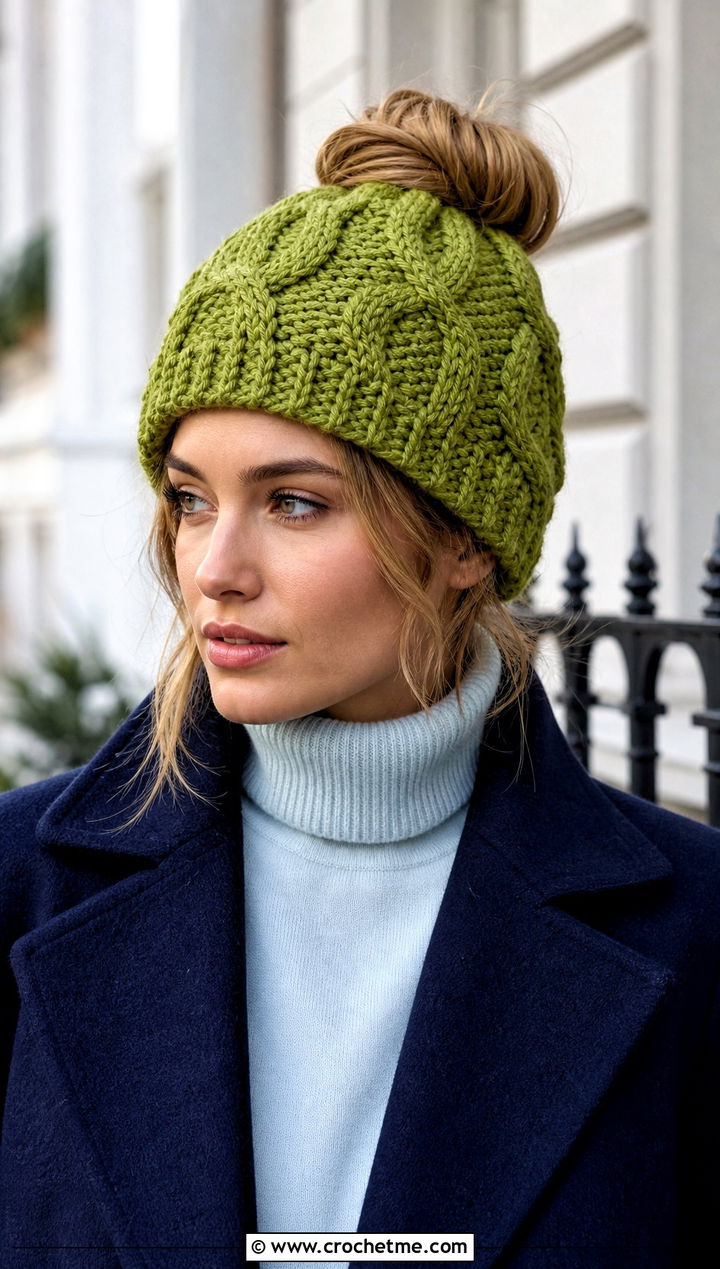 Cable Stitch Messy Bun Crochet Beanie With Wool Coat - 30 easy messy bun crochet beanie outfit ideas