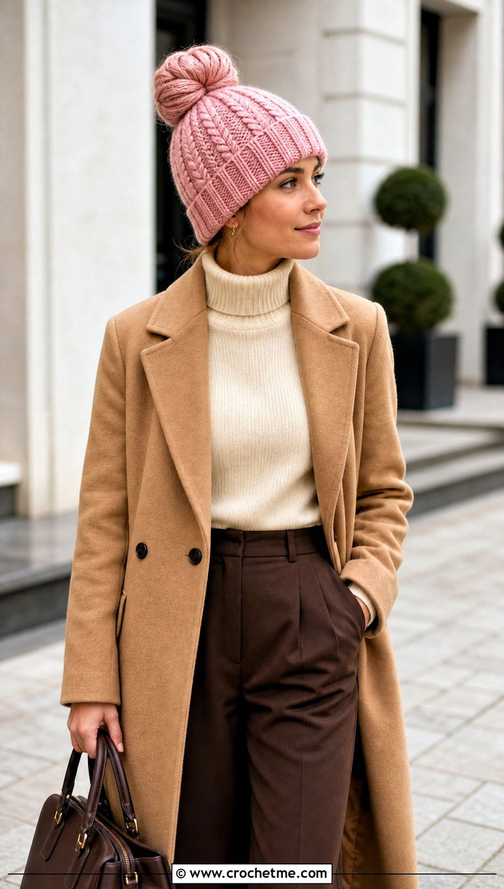 Cable Stitch Messy Bun Crochet Hat With Wool Coat - 25 Easy Messy Bun Crochet Hat outfit ideas