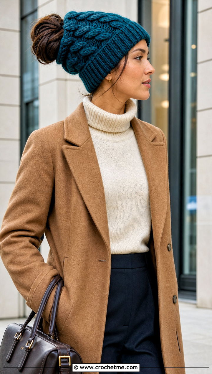 Cable Stitch Messy Bun Crochet Hat With Wool Coat - 25 Messy Bun Crochet Hat outfit ideas