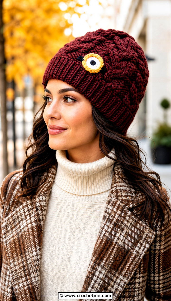 Cable Stitch Minion Crochet Beanie With Plaid Coat - 25 minion crochet beanie outfit ideas