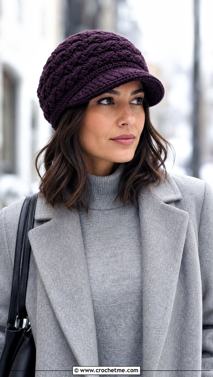 Cable Stitch Newsboy Brimmed Crochet Beanie With Sweater Dress - 15 Brimmed Crochet Beanie outfit ideas