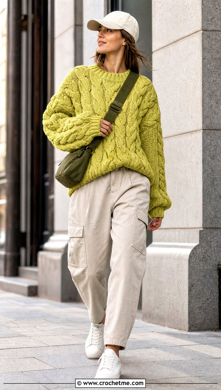 Cable Stitch Oversized Crochet Jumper With Cargo Pants - 25 oversized crochet jumper outfit ideas