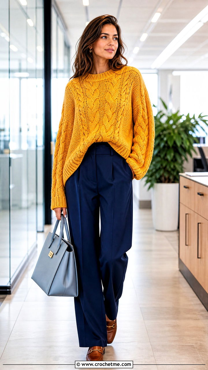 Cable Stitch Oversized Crochet Sweater With Pleated Trousers - 35 oversized crochet sweater outfit ideas