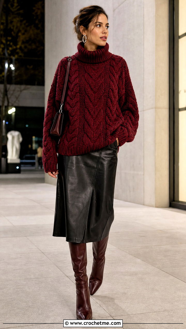 Cable Stitch Oversized Turtleneck Crochet Sweater With Leather Midi Skirt - 15 oversized turtleneck crochet sweater outfit ideas