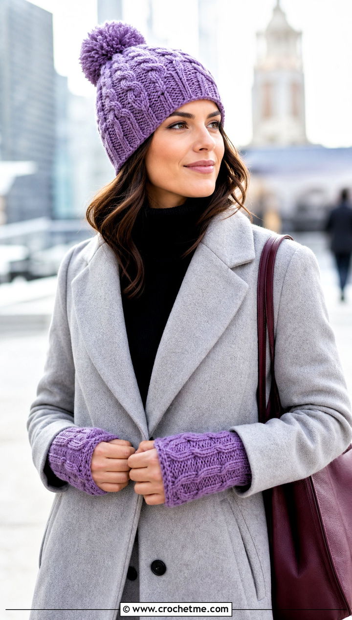 Cable Stitch Pom Pom Beanie And Wrist Warmers With Wool Coat - 15 Crochet Hat With Hand Warmer outfit ideas