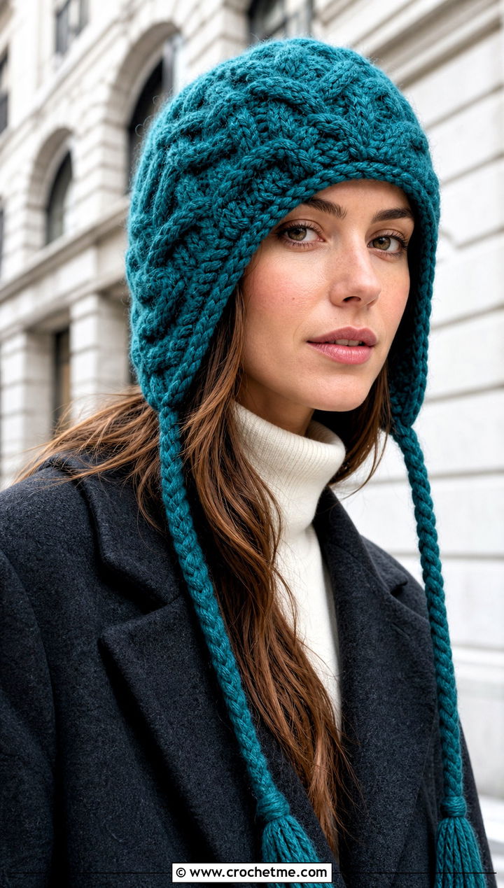 Cable Stitch Trapper Beanie With Wool Coat - 30 crochet ear flap beanie outfit ideas