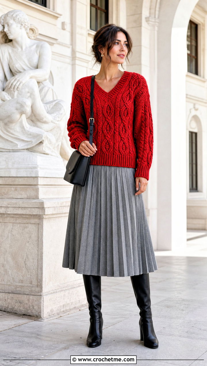 Cable Stitch V Neck Crochet Sweater With Pleated Midi Skirt - 35 v neck crochet sweater outfit ideas