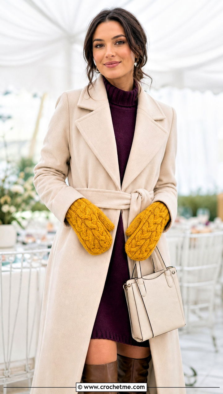 Cable Stitch Velvet Crochet Mittens With Sweater Dress - 20 velvet crochet mittens outfit ideas