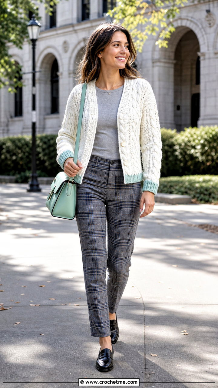 Cable Stitch White Crochet Cardigan With Plaid Pants - 35 White Crochet Cardigan Outfit ideas