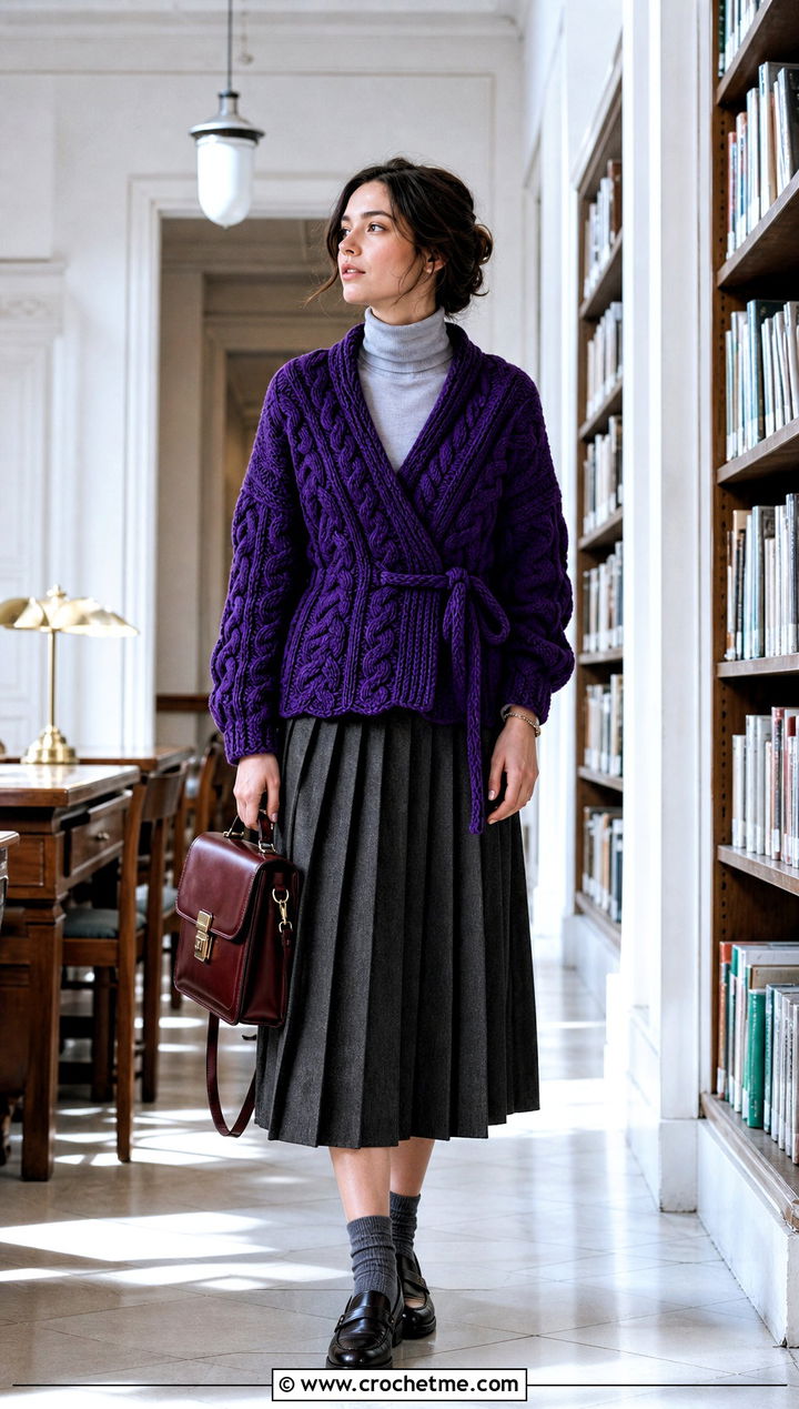 Cable Stitch Wrap Crochet Cardigan With Pleated Skirt - 30 wrap crochet cardigan outfit ideas