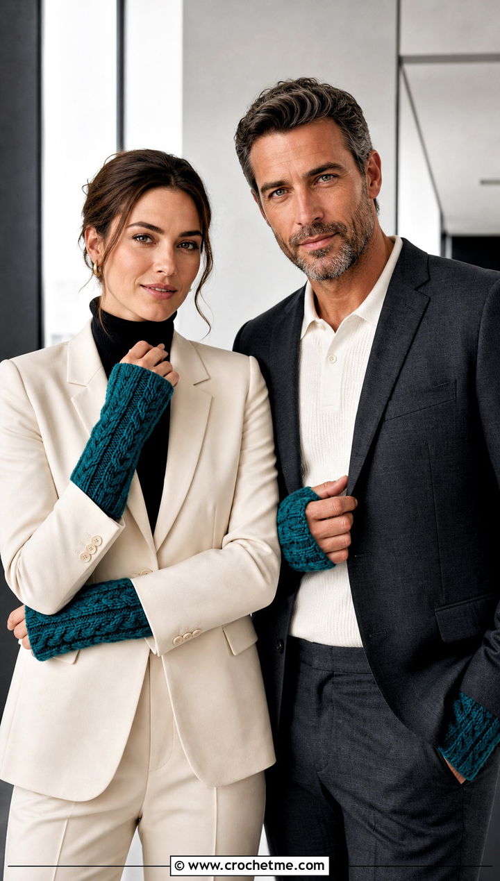 Cable Stitch Wrist Warmers With Tailored Suits - 25 Crochet Gloves For Couples outfit ideas