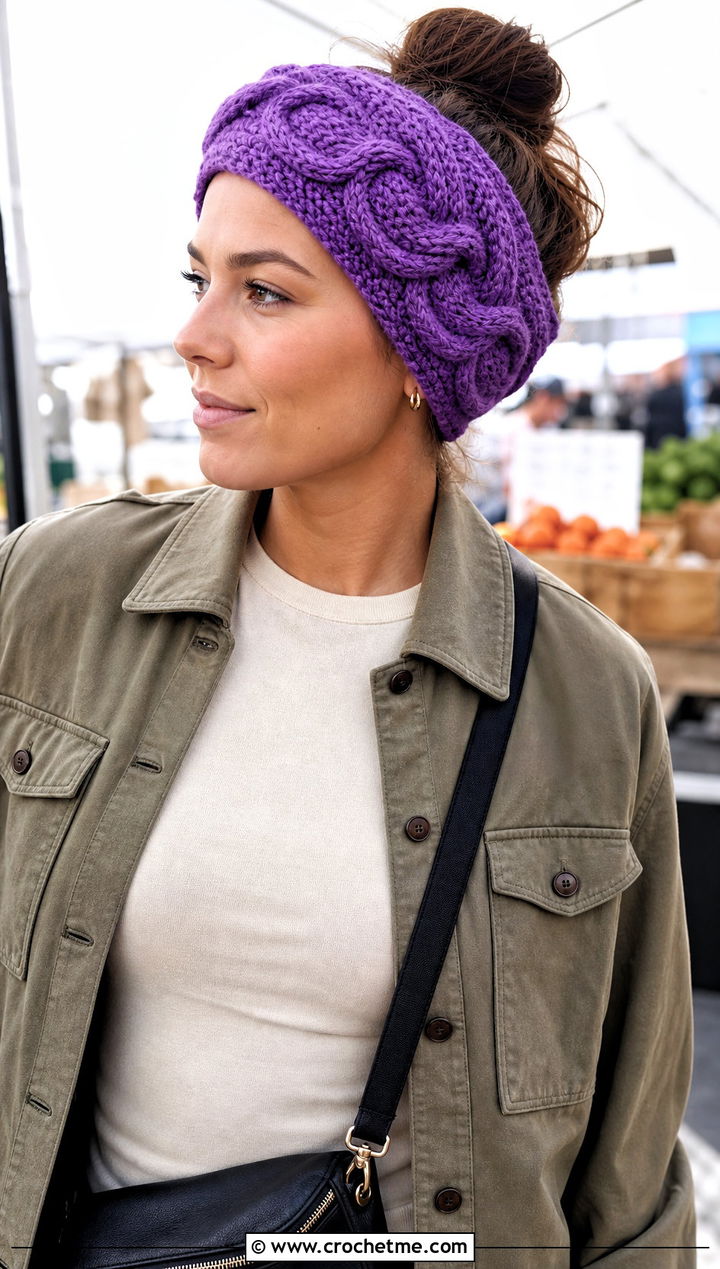 Cable Swirl Earwarmer With Shacket and Cargo Pants - 15 easy crochet cable headband earwarmer outfit ideas