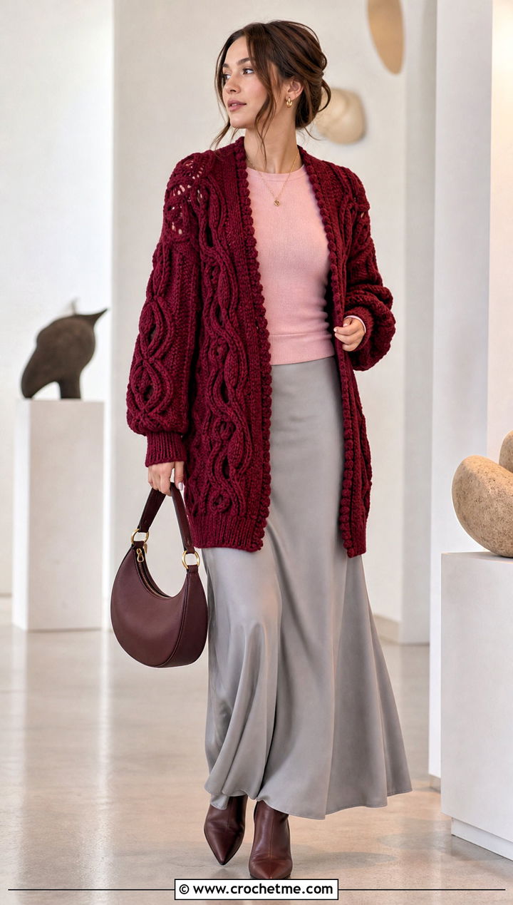 Cable Texture Anime Crochet Cardigan With Maxi Skirt - 30 anime crochet cardigan outfit ideas