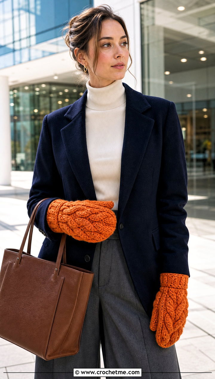 Cable Texture Bulky Crochet Mittens With Blazer And Wide Leg Pants - 15 Bulky Crochet Mittens outfit ideas
