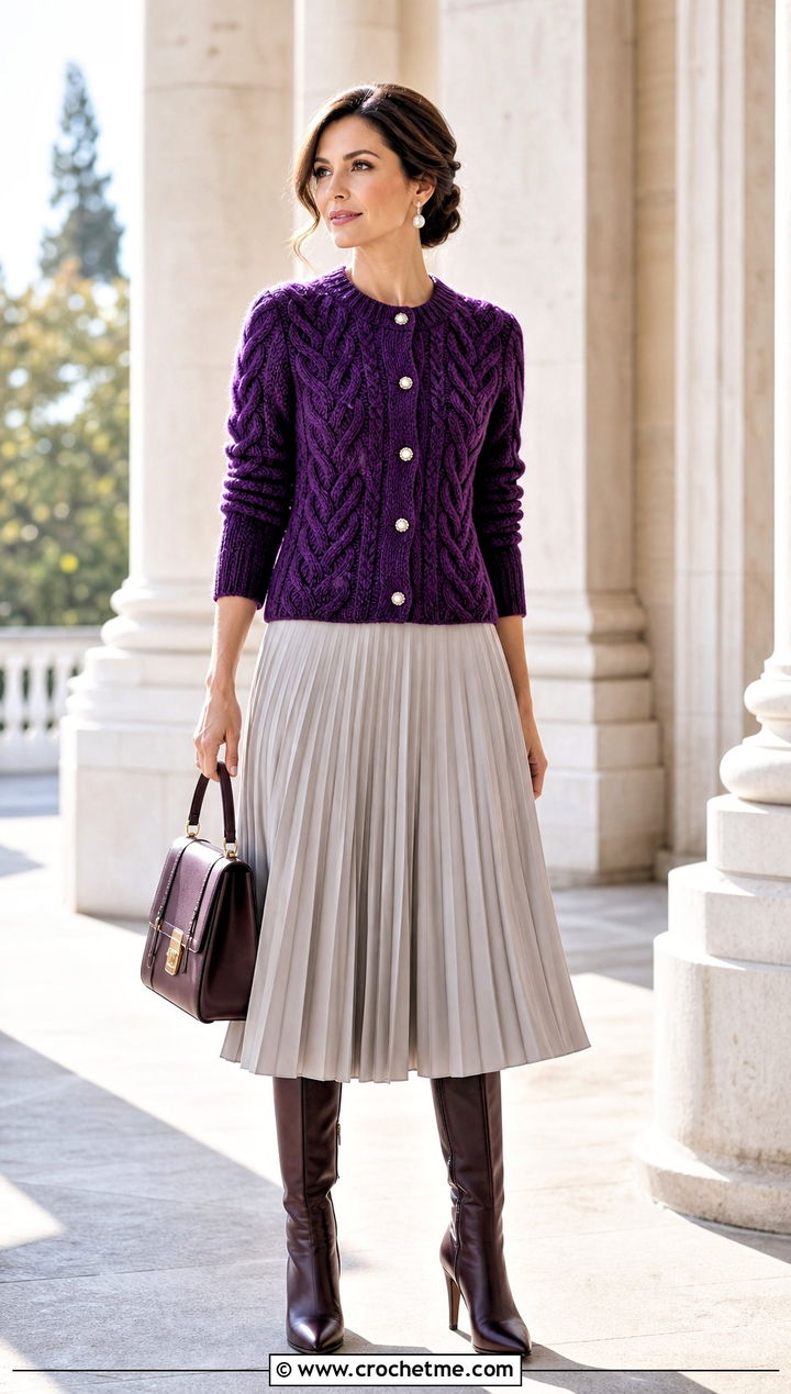 Cable Texture Button Cardigan With Pleated Midi Skirt - 25 Crochet Button Cardigan outfit ideas