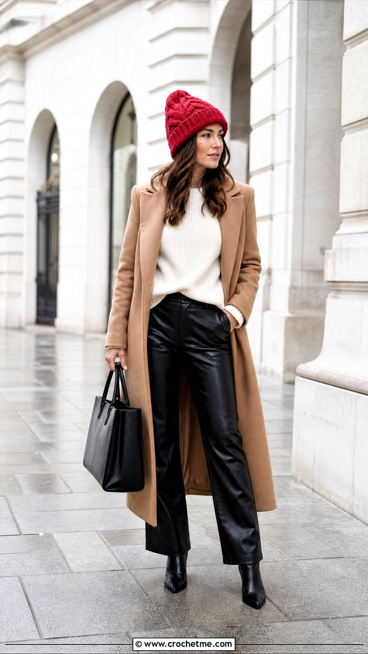 Cable Texture Chunky Crochet Beanie With Camel Coat And Leather Pants - 35 chunky crochet hat outfit ideas