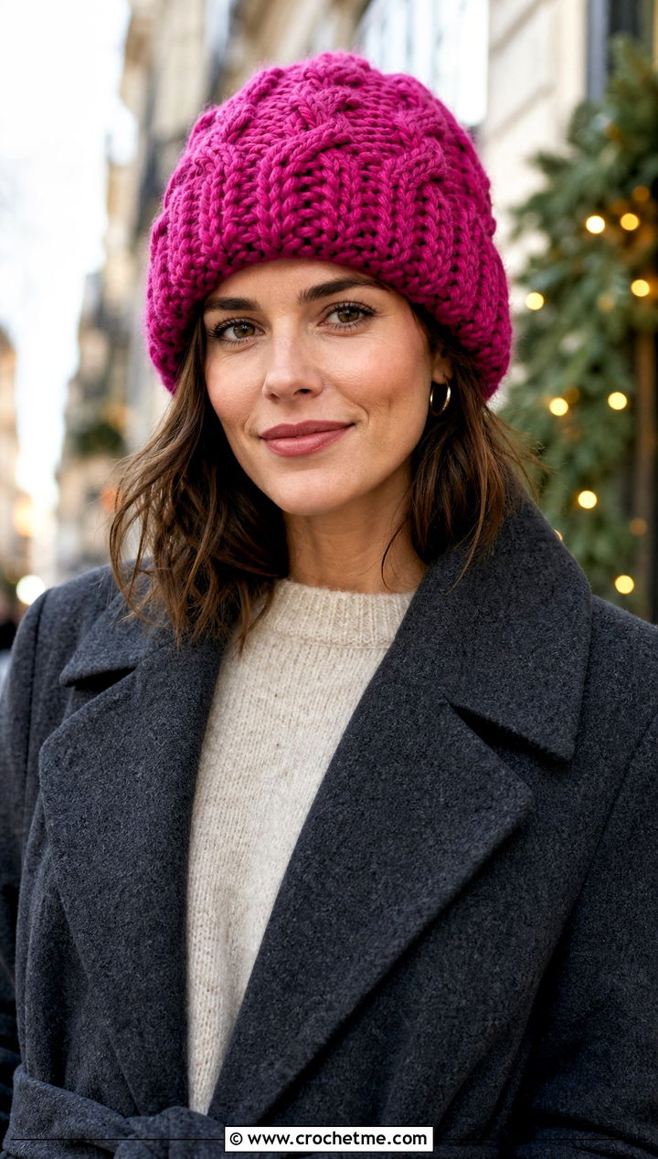 Cable Texture Chunky Crochet Beanie With Sweater Dress - 15 Simple Chunky Crochet Hat outfit ideas