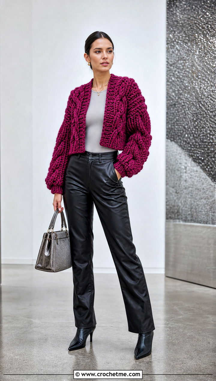 Cable Texture Chunky Crochet Crop Cardigan With Leather Pants - 25 Chunky Crochet Crop Cardigan outfit ideas