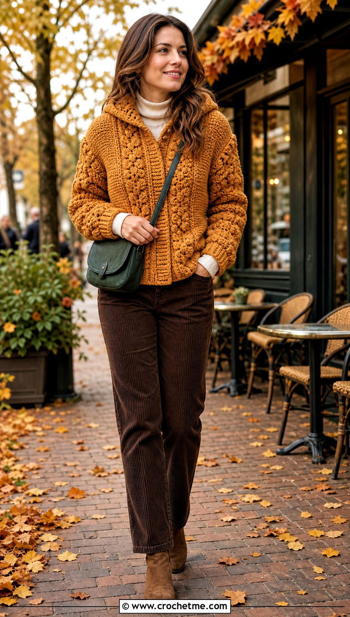 Cable Texture Chunky Crochet Hoodie With Corduroy Pants - 25 crochet chunky hoodie outfit ideas