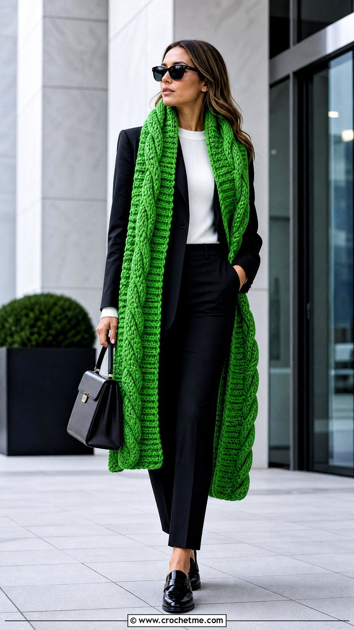 Cable Texture Chunky Crochet Scarf With Tailored Suit - 35 chunky crochet scarf outfit ideas
