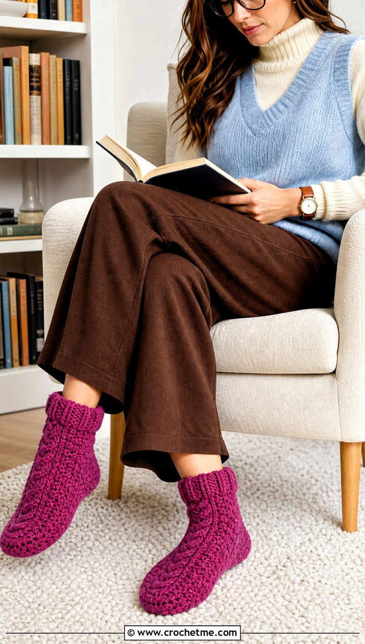 Cable Texture Chunky Crochet Slipper Socks With Wide Leg Pants - 15 chunky crochet slipper socks outfit ideas