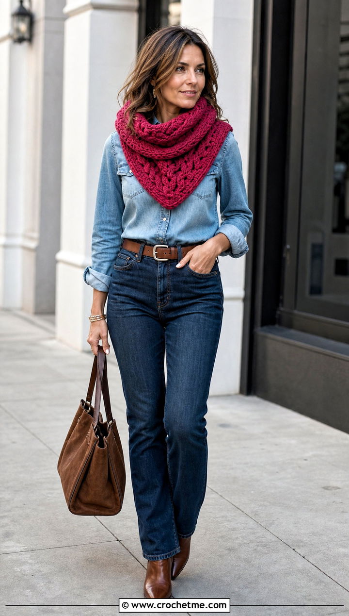 Cable Texture Cowl Neck Crochet Scarf With Denim Shirt - 25 Cowl Neck Crochet Scarf outfit ideas