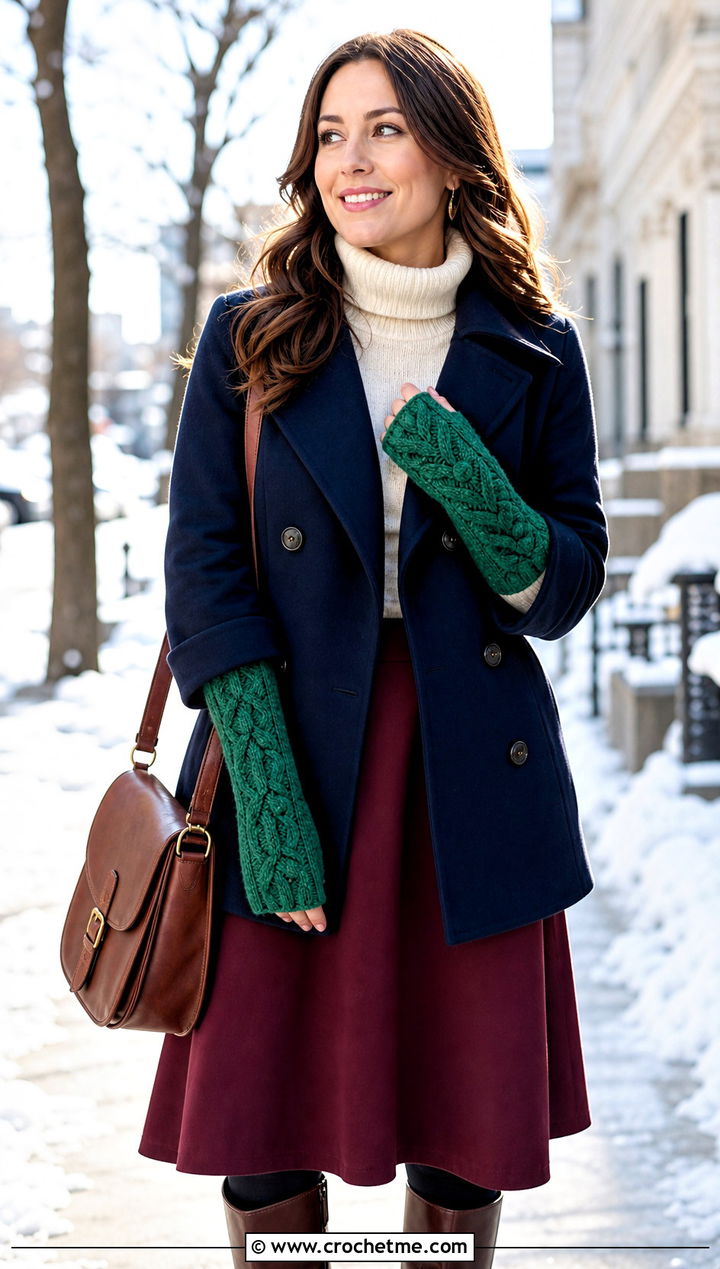 Cable Texture Crochet Arm Warmers With Peacoat And Midi Skirt - 25 Crochet Arm Warmer outfit ideas