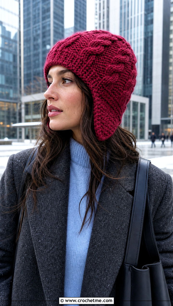 Cable Texture Crochet Aviator Hat With Wool Coat - 30 crochet aviator hat outfit ideas