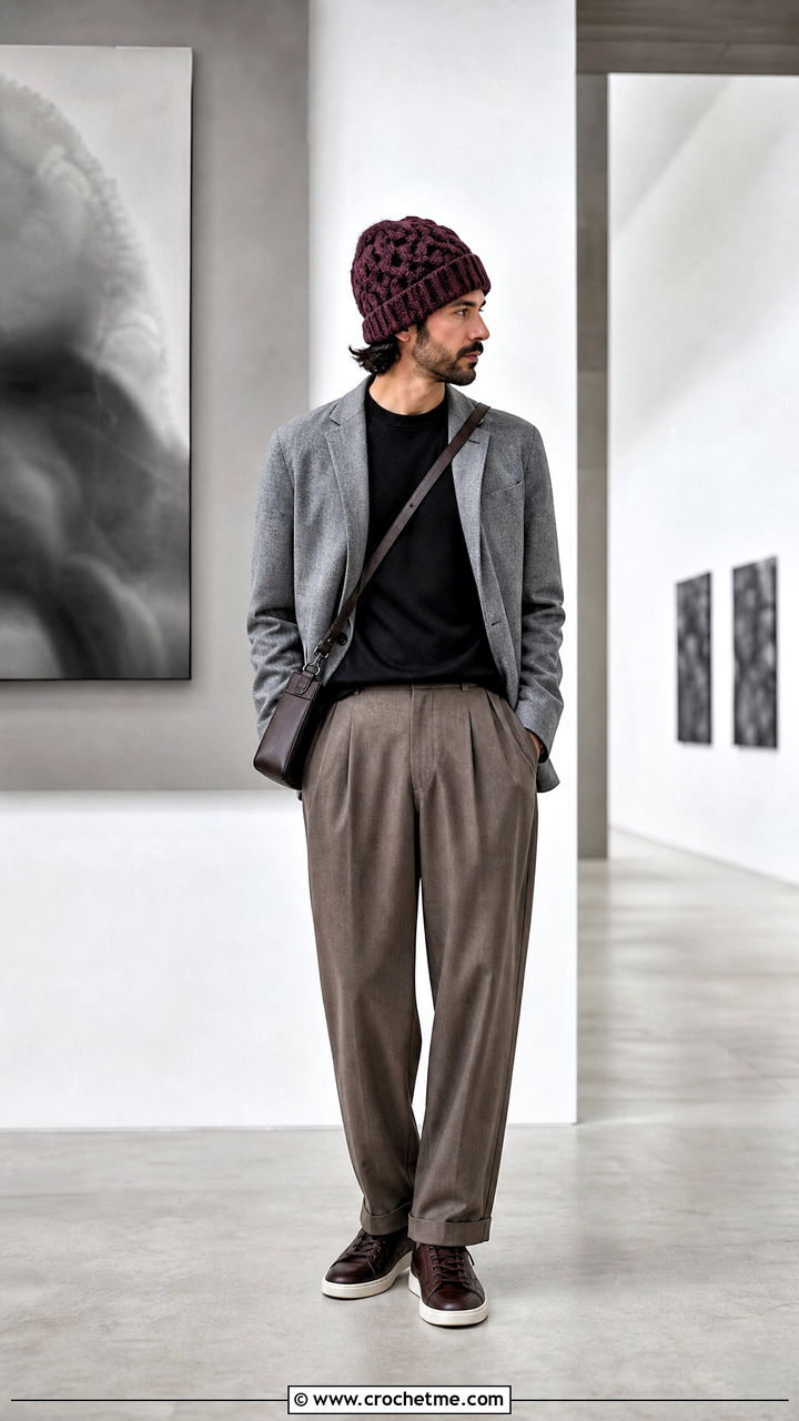 Cable Texture Crochet Beanie With Blazer And Pleated Trousers - 35 crochet hat men outfit ideas