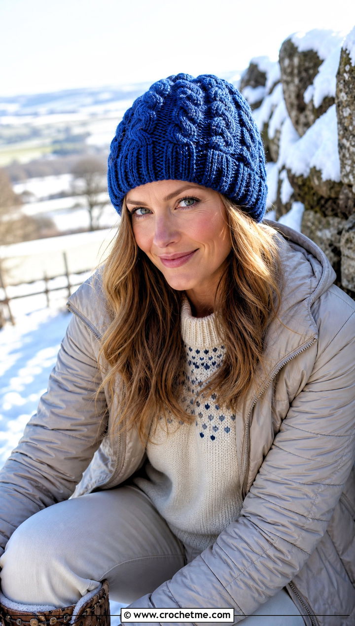 Cable Texture Crochet Beanie With Fair Isle Sweater And White Jeans - 30 easy crochet winter hat outfit ideas