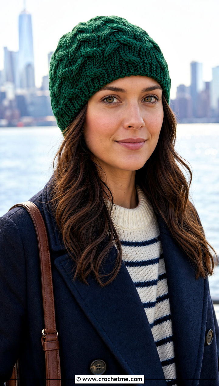Cable Texture Crochet Beanie With Pea Coat - 20 Warm Crochet Hat outfit ideas