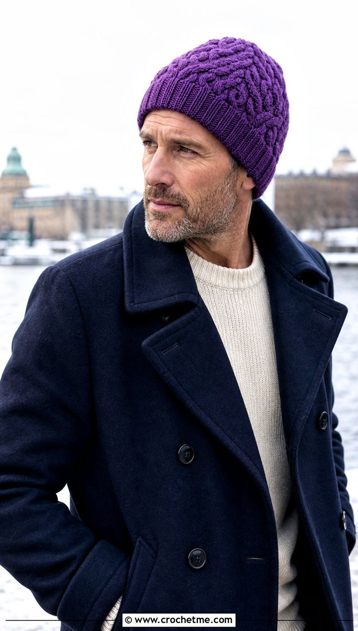 Cable Texture Crochet Beanie With Peacoat - 25 crocheted mens hats outfit ideas