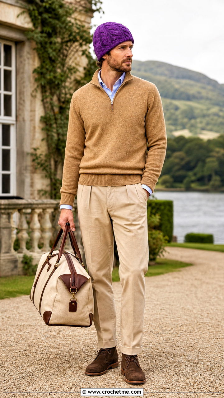 Cable Texture Crochet Beanie With Quarter Zip Sweater And Chinos - 35 crochet hat for men outfit ideas