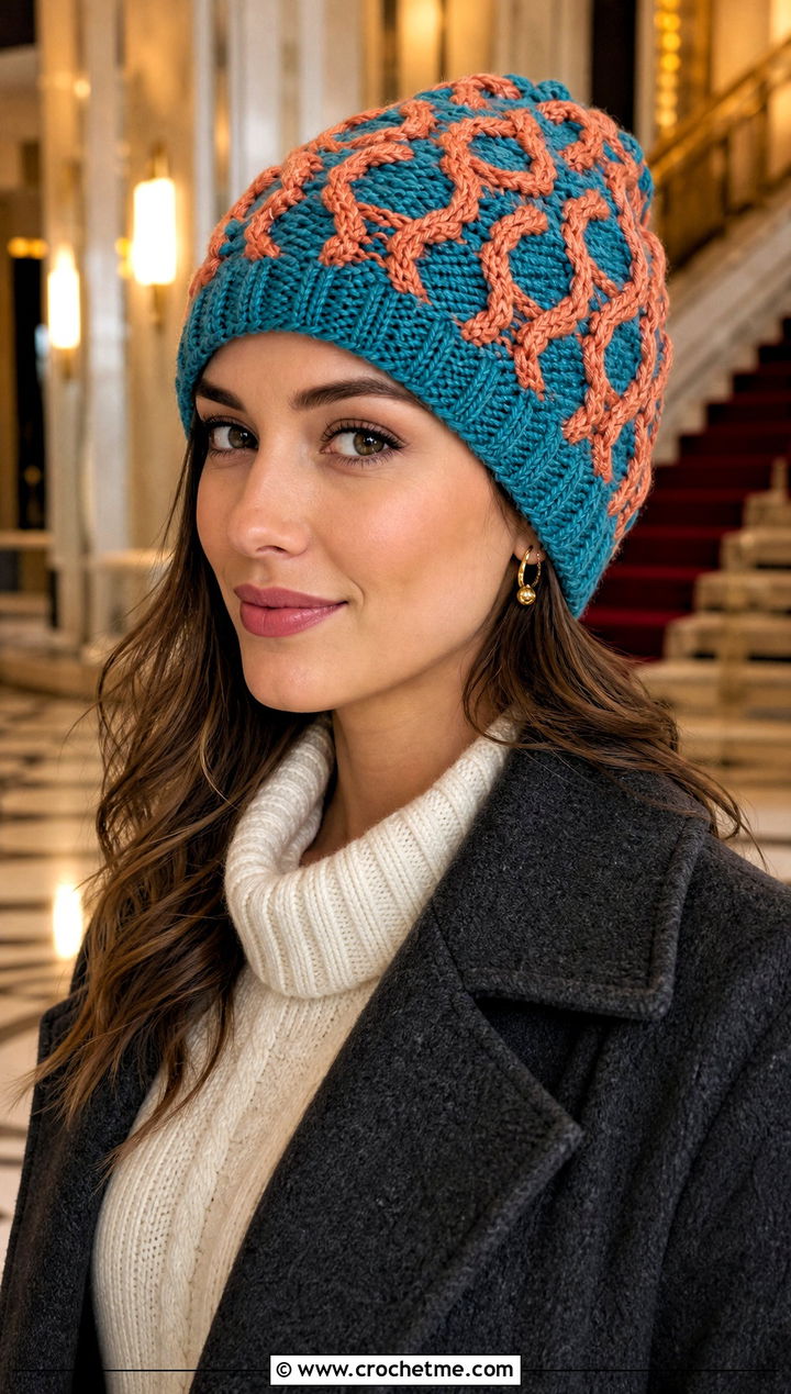Cable Texture Crochet Beanie With Sweater Dress - 30 two color crochet beanie outfit ideas