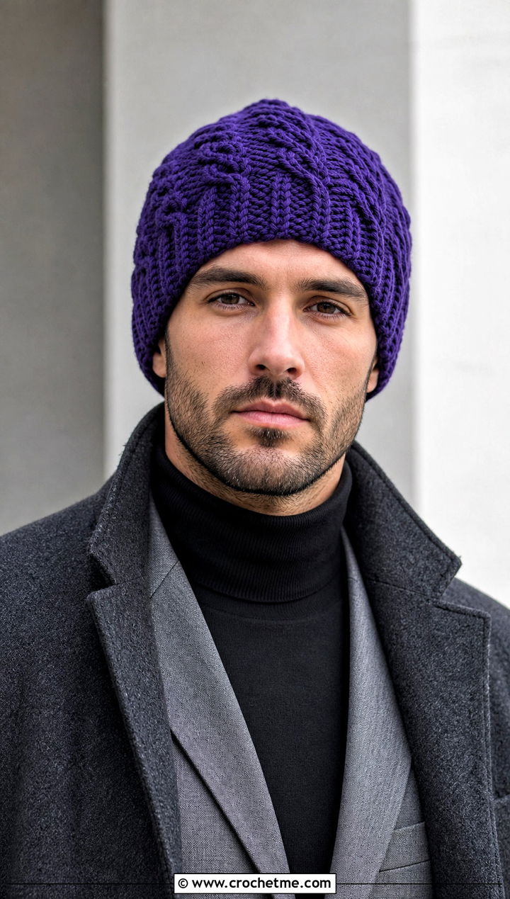 Cable Texture Crochet Beanie With Winter Suit - 25 Crochet Mens Winter Hat outfit ideas