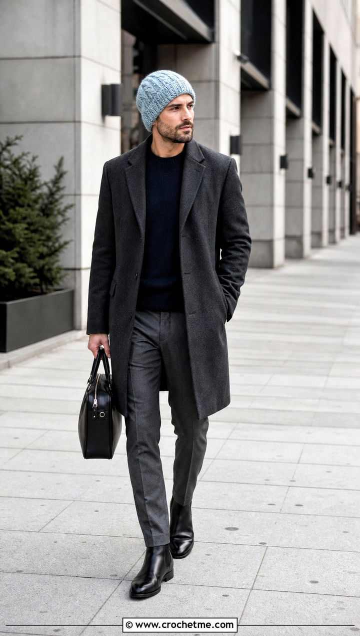 Cable Texture Crochet Beanie With Wool Overcoat - 35 mens crochet hat outfit ideas