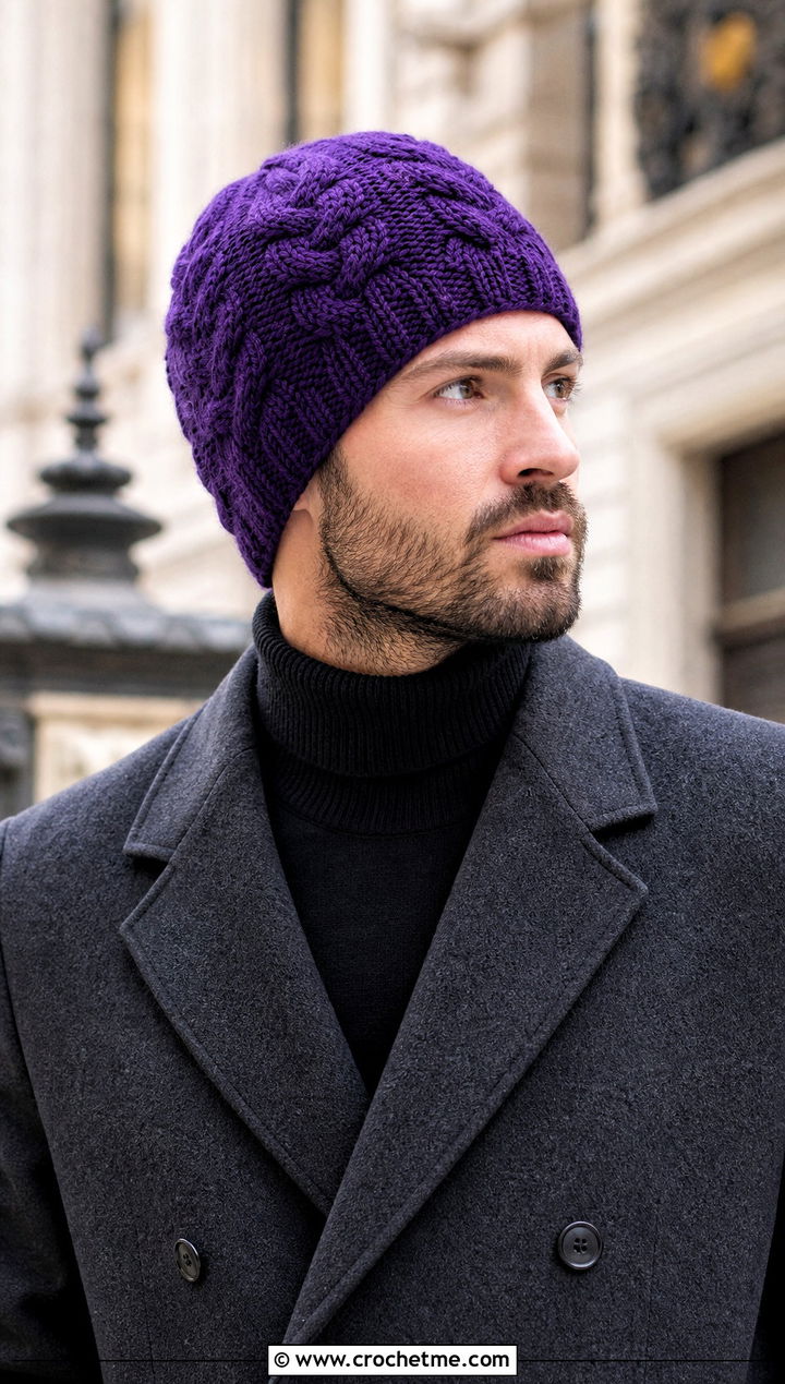 Cable Texture Crochet Beanie With Wool Overcoat - 25 easy crochet beanie for men outfit ideas