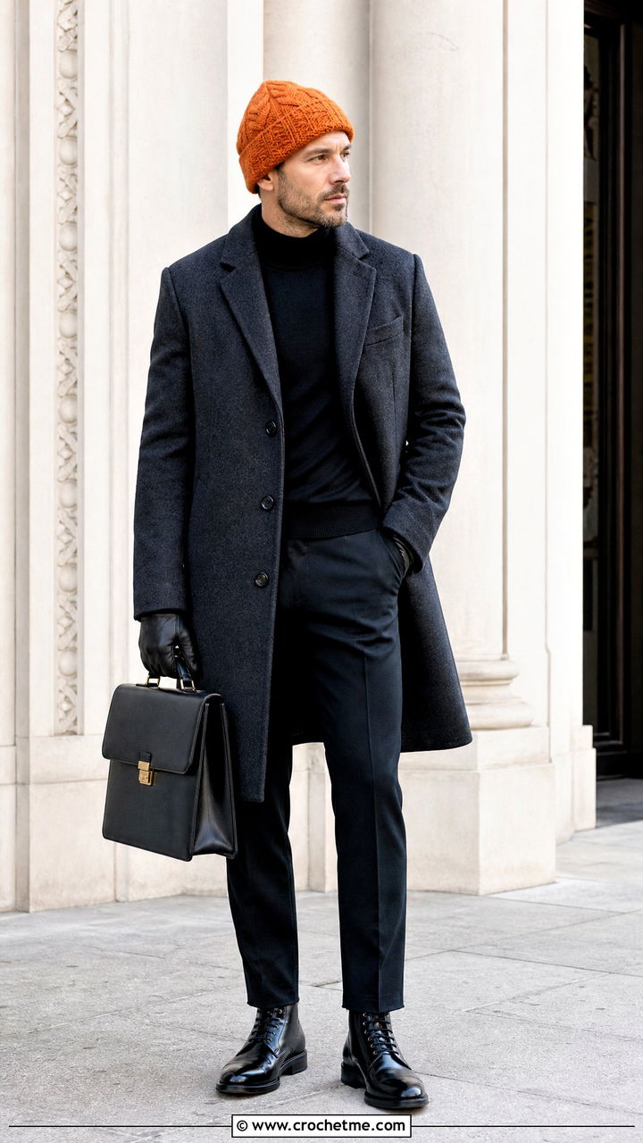 Cable Texture Crochet Beanie With Wool Overcoat - 35 crochet hats for men outfit ideas