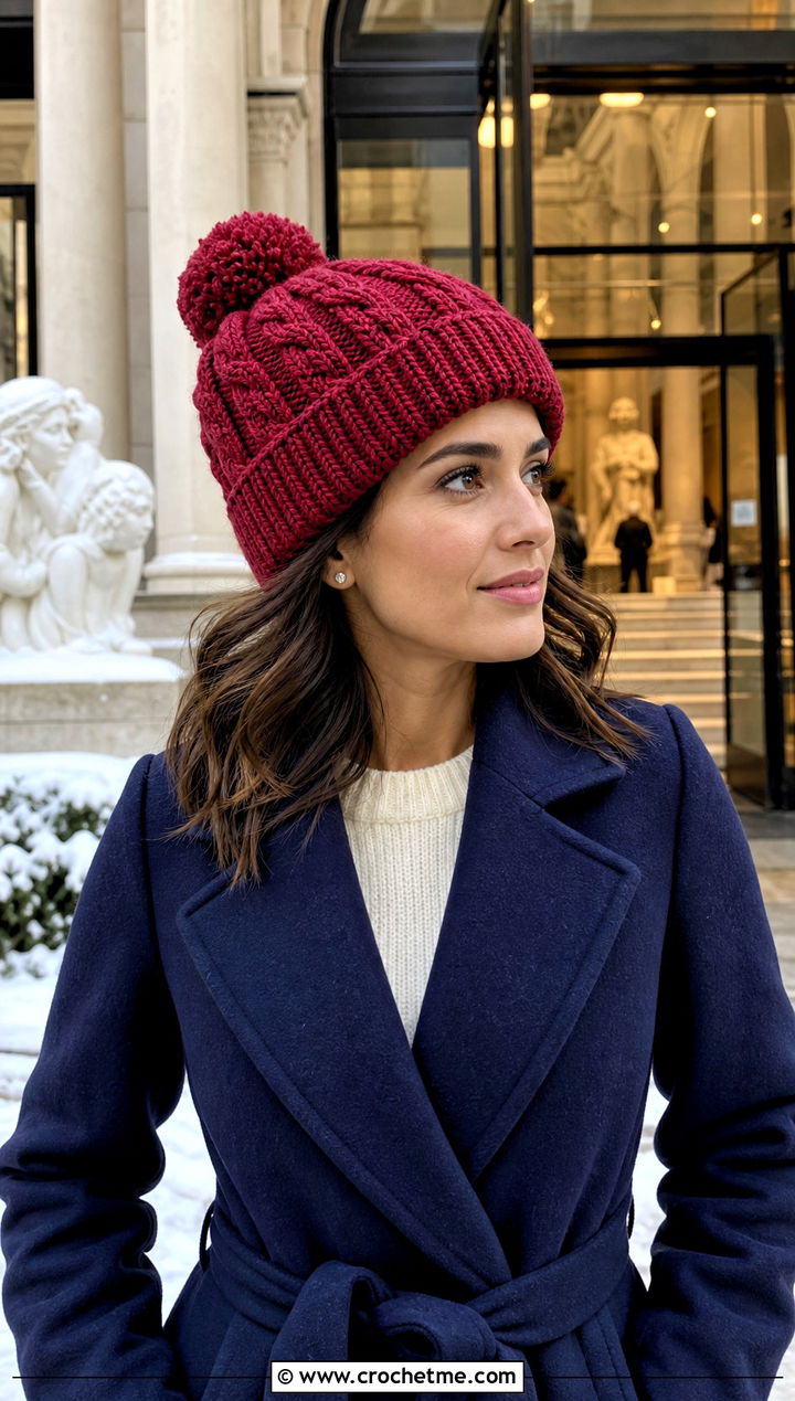 Cable Texture Crochet Bobble Hat With Sweater Dress - 30 crochet bobble hat outfit ideas