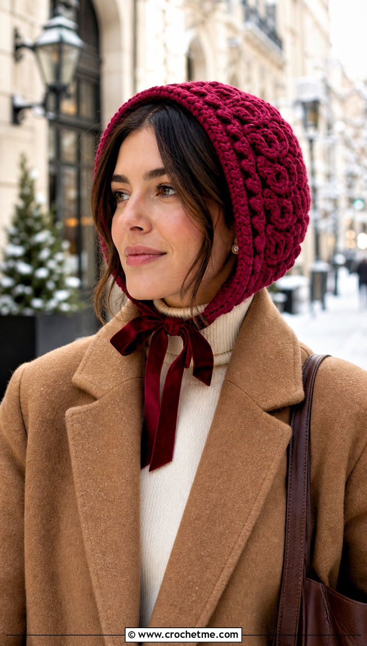 Cable Texture Crochet Bonnet With Wool Coat - 25 Easy Crochet Bonnet outfit ideas